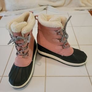 GIRLS CAT JACK BROWN/ PINK WINTER DUCK BOOTS FAUX FUR SHEEPSKIN LINED SZ  5 NWOT